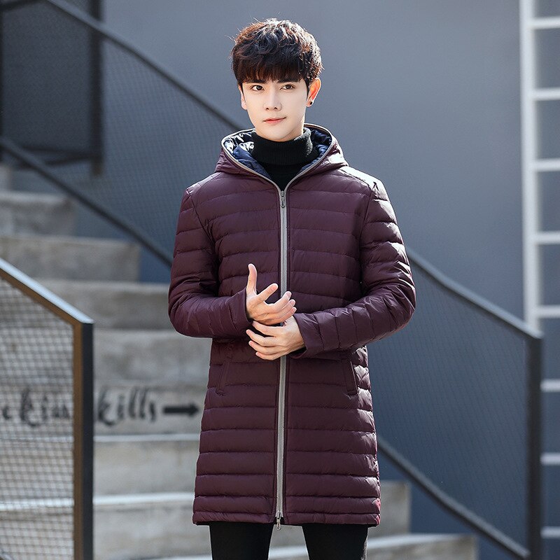 새로운 한국 패션 캐주얼 중간 길이 초경량 오리털 다운 재킷 남성용, 퓨어 컬러, 인기 판매, 가을 겨울